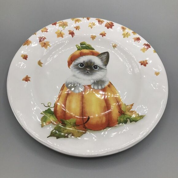 Pier 1 Exclusive‎ FALL HALLOWEEN CAT IN PUMPKIN Salad Plate  SO CUTE - Picture 1 of 5